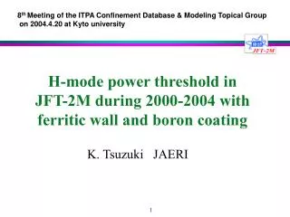 H-mode power threshold in JFT-2M during 2000-2004 with ferritic wall and boron coating