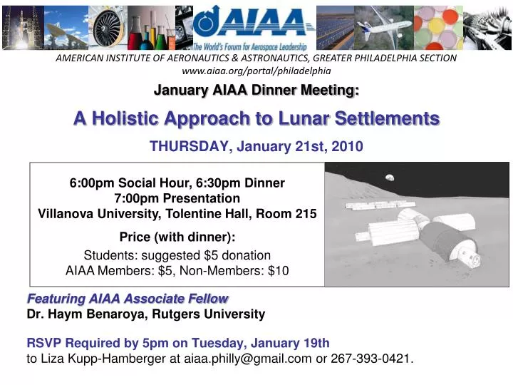 january aiaa dinner meeting a holistic approach to lunar settlements thursday january 21st 2010