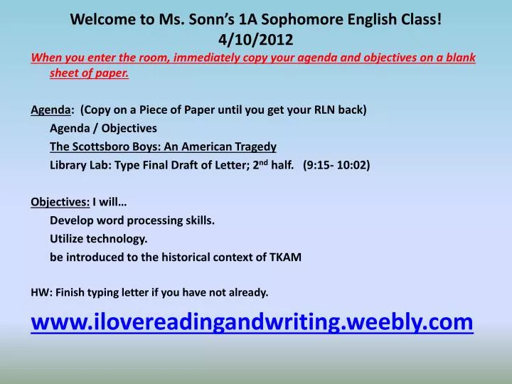 welcome to ms sonn s 1a sophomore english class 4 10 2012