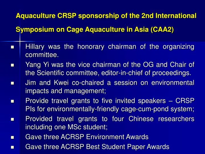 aquaculture crsp sponsorship of the 2nd international symposium on cage aquaculture in asia caa2