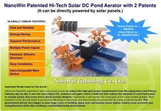 NanoWin Patented Hi-Tech Solar DC Pond Aerator with 2 Patents