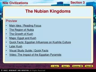 Preview Main Idea / Reading Focus The Region of Nubia The Growth of Kush Maps: Egypt and Kush