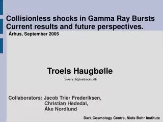 Collisionless shocks in Gamma Ray Bursts Current results and future perspectives.