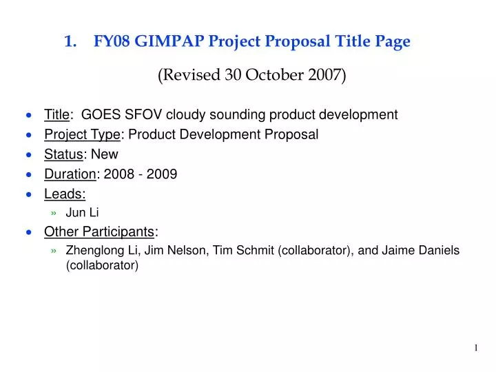 fy08 gimpap project proposal title page revised 30 october 2007