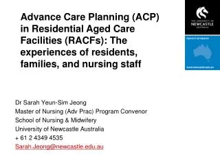 Dr Sarah Yeun-Sim Jeong Master of Nursing (Adv Prac) Program Convenor