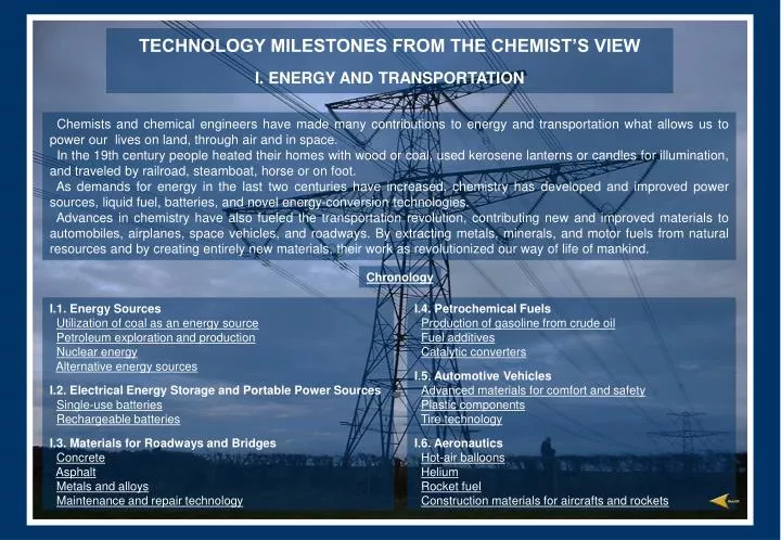 technology milestones from the chemist s view i energy and transportation