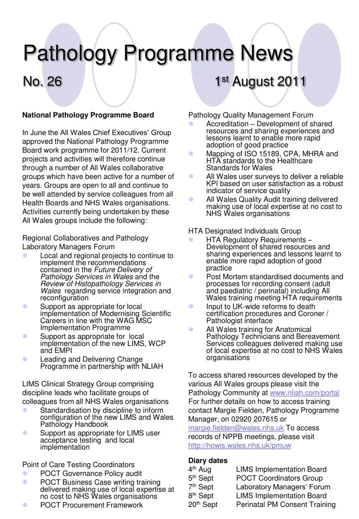 pathology programme news no 26 1 st august 2011