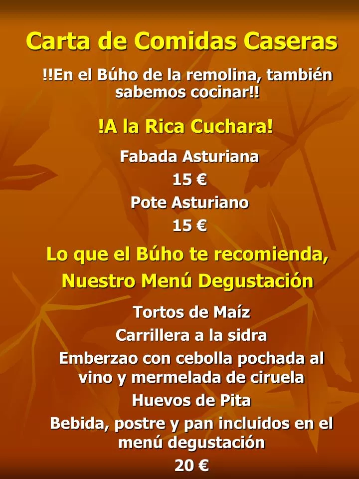 carta de comidas caseras