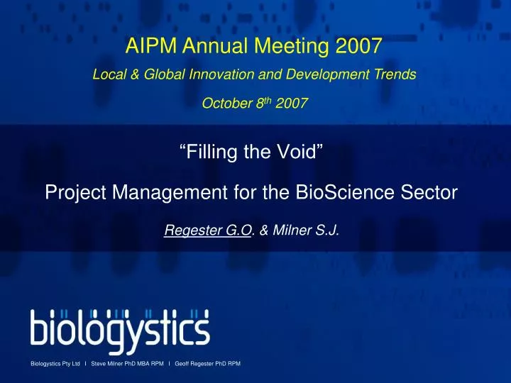filling the void project management for the bioscience sector regester g o milner s j
