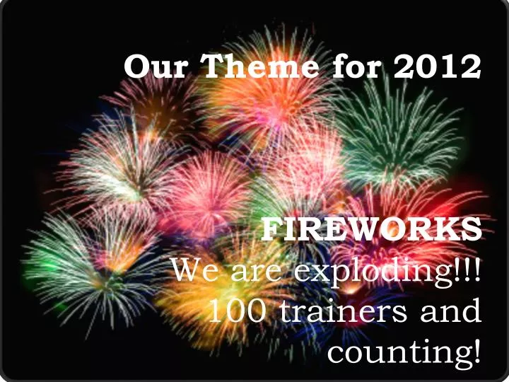 our theme for 2012 fireworks we are exploding 100 trainers and counting