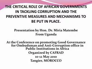 Presentation by Hon. Dr. Miria Matembe From Uganda