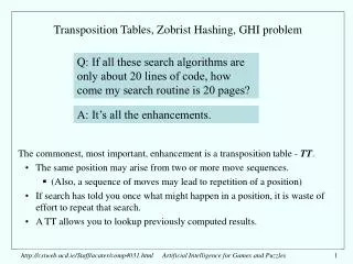 Transposition Tables, Zobrist Hashing, GHI problem
