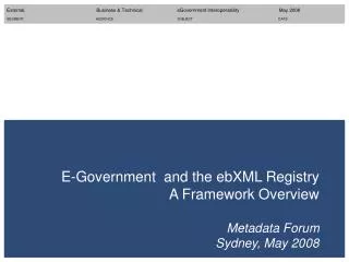 E-Government and the ebXML Registry A Framework Overview Metadata Forum Sydney, May 2008