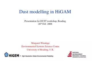 Dust modelling in HiGAM Presentation for DUST workshop, Reading 26 th Feb 2008