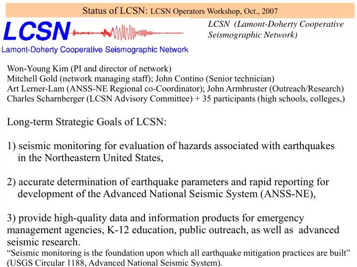 status of lcsn lcsn operators workshop oct 2007