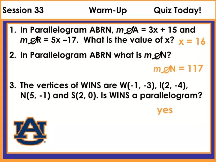 session 33 warm up quiz today