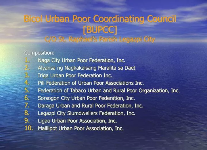 bicol urban poor coordinating council bupcc c o st raphael s parish legazpi city
