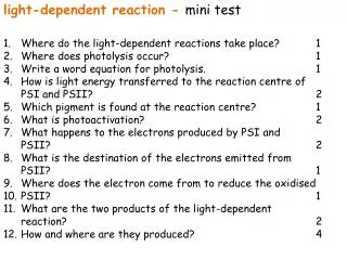 light-dependent reaction - mini test