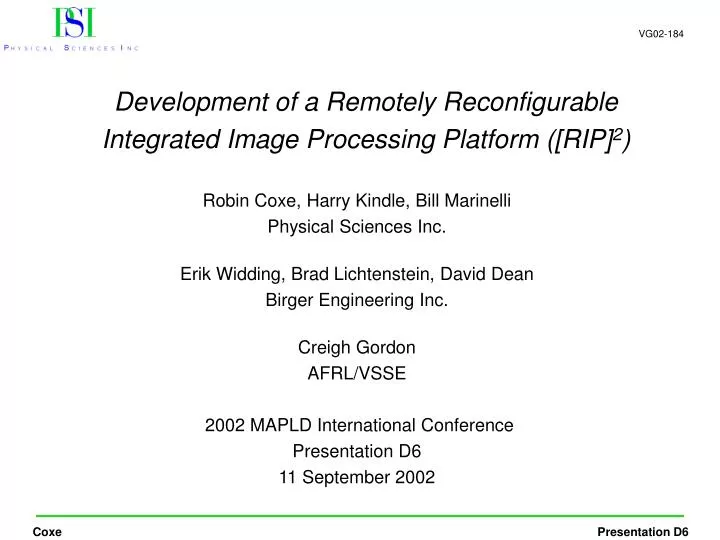 development of a remotely reconfigurable integrated image processing platform rip 2