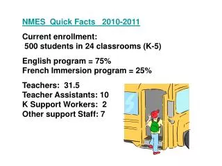 NMES Quick Facts 2010-2011 Current enrollment: 500 students in 24 classrooms (K-5)
