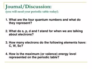 Journal/Discussion: (you will need your periodic table today! )