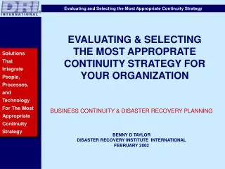 EVALUATING &amp; SELECTING THE MOST APPROPRATE CONTINUITY STRATEGY FOR YOUR ORGANIZATION