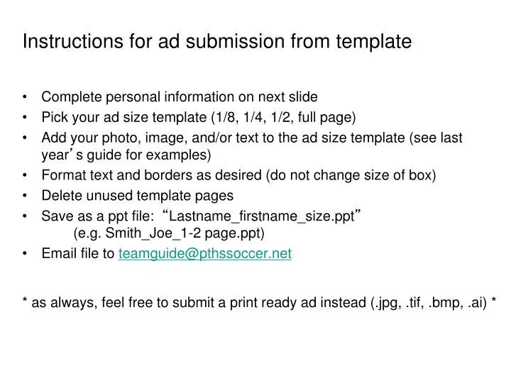 instructions for ad submission from template