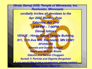 Hindu Samaj (HIS) Temple of Minnesota, Inc. Rochester, Minnesota