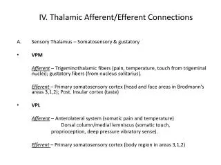 IV. Thalamic Afferent/Efferent Connections
