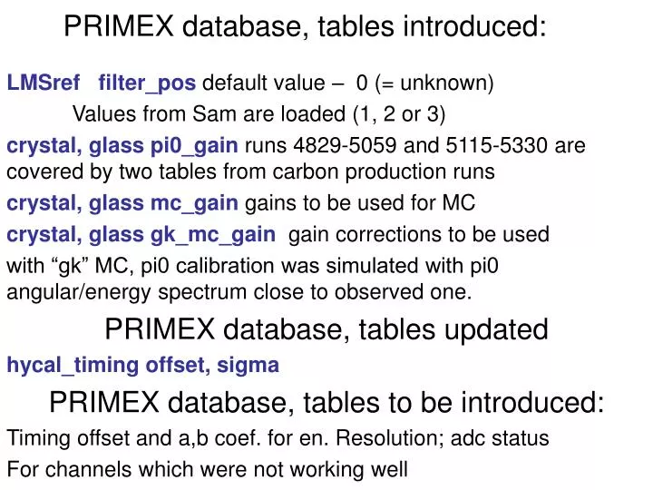 primex database tables introduced