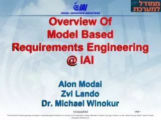 Overview Of Model Based Requirements Engineering @ IAI Alon Modai Zvi Lando Dr. Michael Winokur