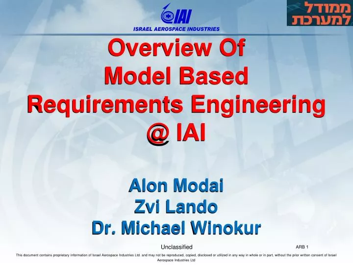 overview of model based requirements engineering @ iai alon modai zvi lando dr michael winokur