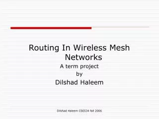 Routing In Wireless Mesh Networks A term project by Dilshad Haleem