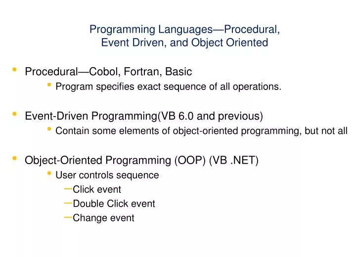 programming languages procedural event driven and object oriented