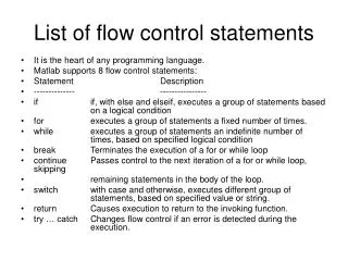List of flow control statements