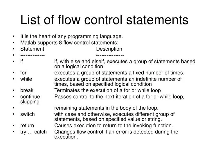 list of flow control statements
