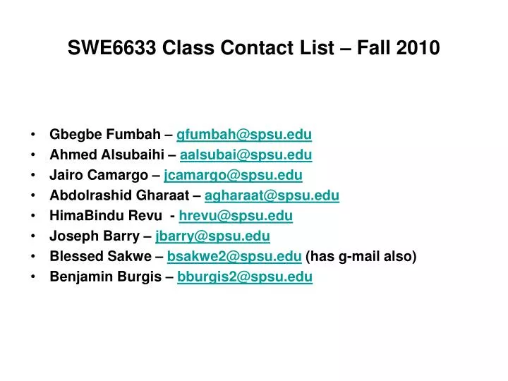 swe6633 class contact list fall 2010