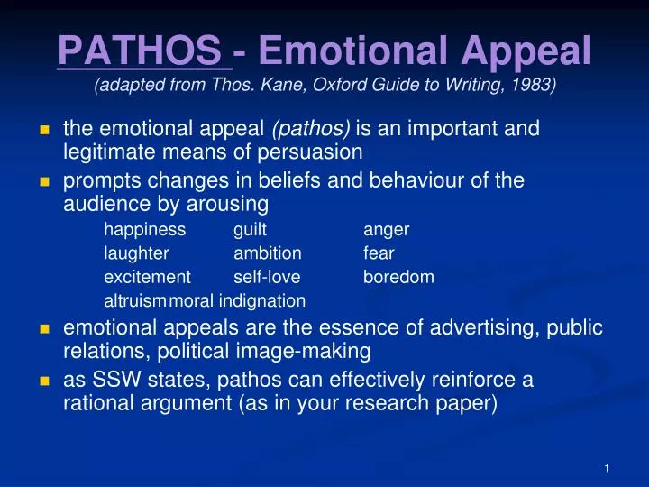 pathos emotional appeal adapted from thos kane oxford guide to writing 1983