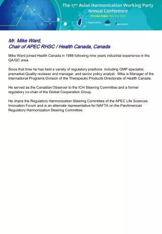 Mr. Mike Ward, Chair of APEC RHSC / Health Canada, Canada