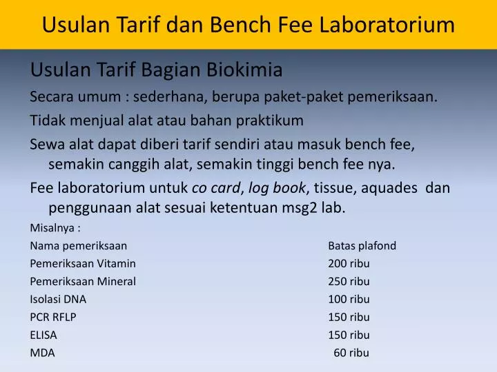 usulan tarif dan bench fee laboratorium
