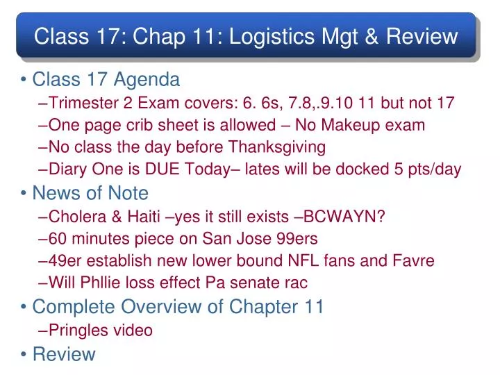 class 17 chap 11 logistics mgt review