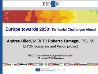 Europe towards 2030 : Territorial Challenges Ahead