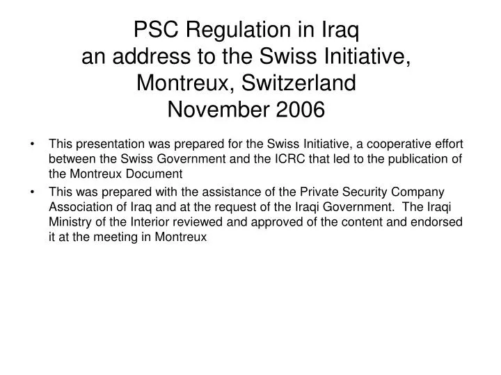 psc regulation in iraq an address to the swiss initiative montreux switzerland november 2006