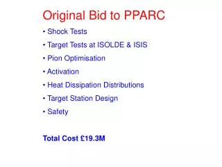 Original Bid to PPARC Shock Tests Target Tests at ISOLDE &amp; ISIS Pion Optimisation Activation