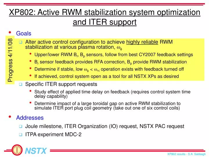 xp802 active rwm stabilization system optimization and iter support