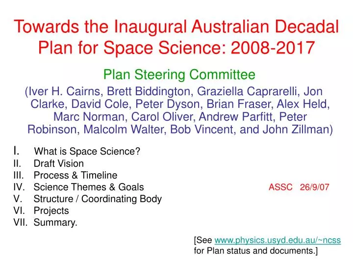 towards the inaugural australian decadal plan for space science 2008 2017