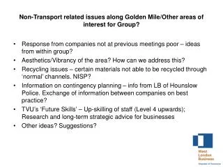 Non-Transport related issues along Golden Mile/Other areas of interest for Group?