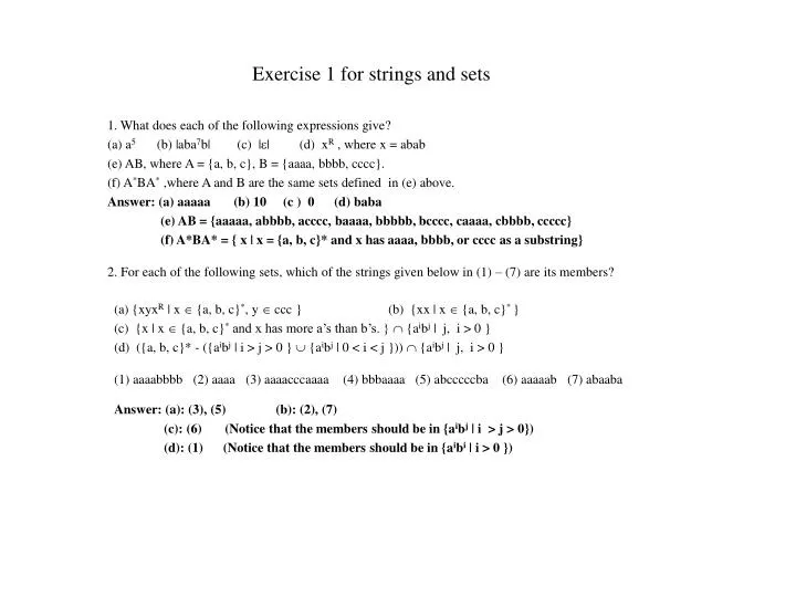 exercise 1 for strings and sets