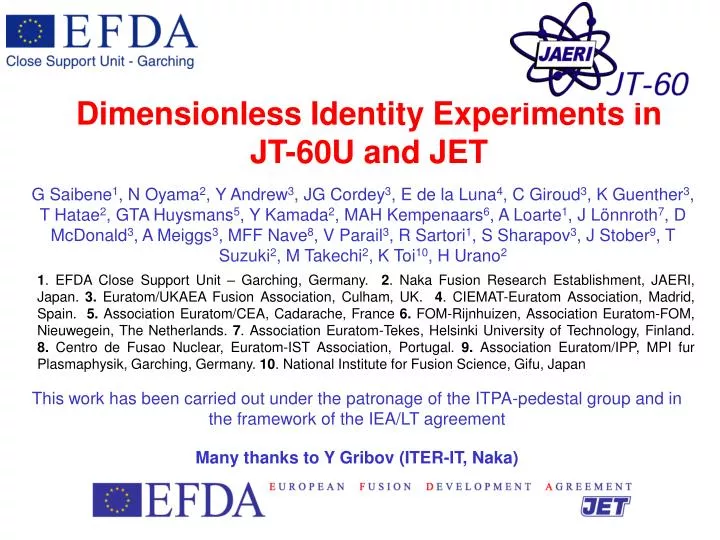 dimensionless identity experiments in jt 60u and jet