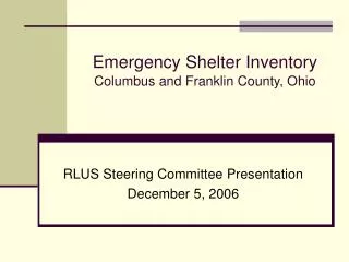 Emergency Shelter Inventory Columbus and Franklin County, Ohio